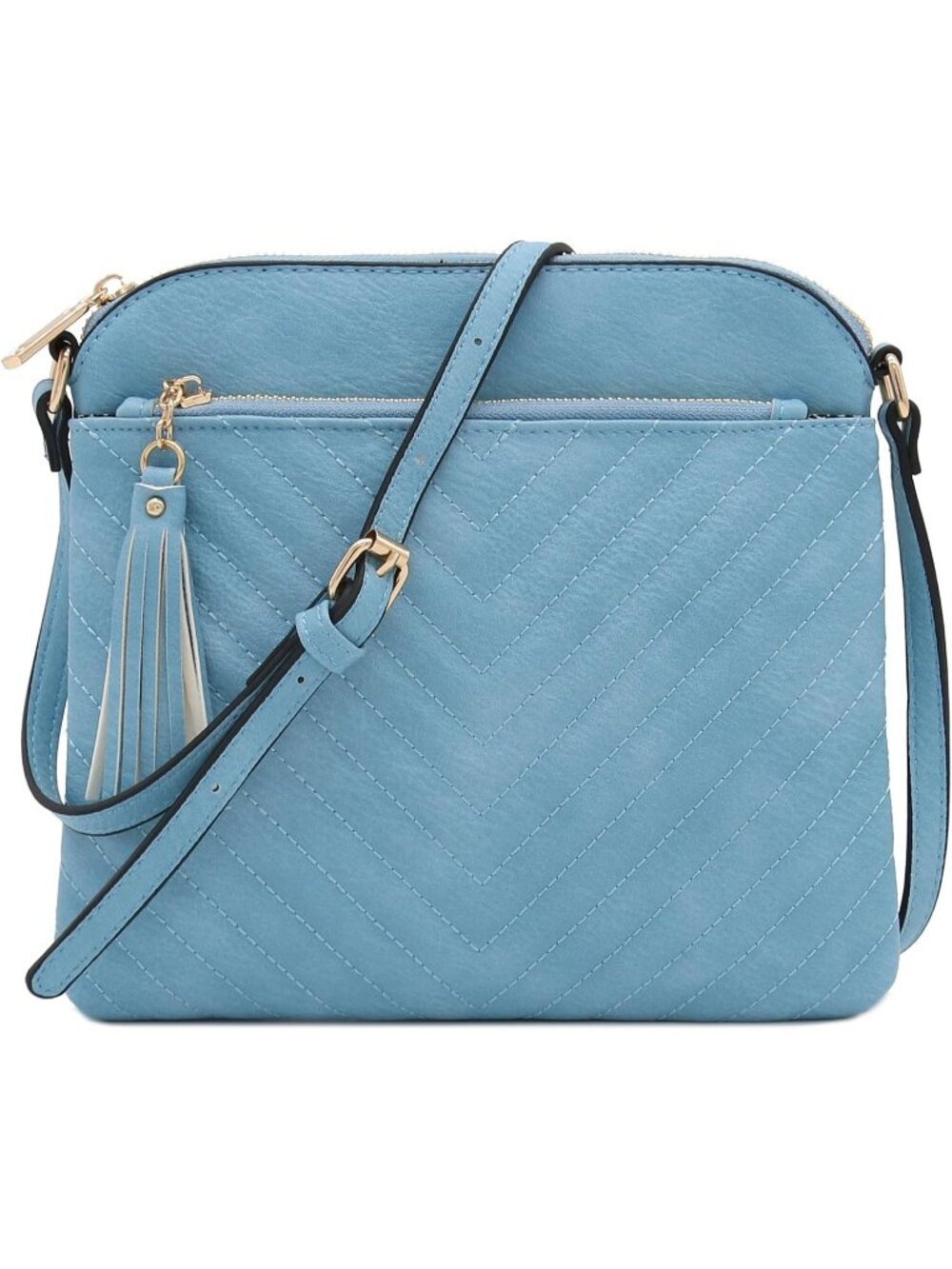Women Sky Blue Smoke Chevron Quilted Medium Tassel Accent Shoulder Crossbody Bag